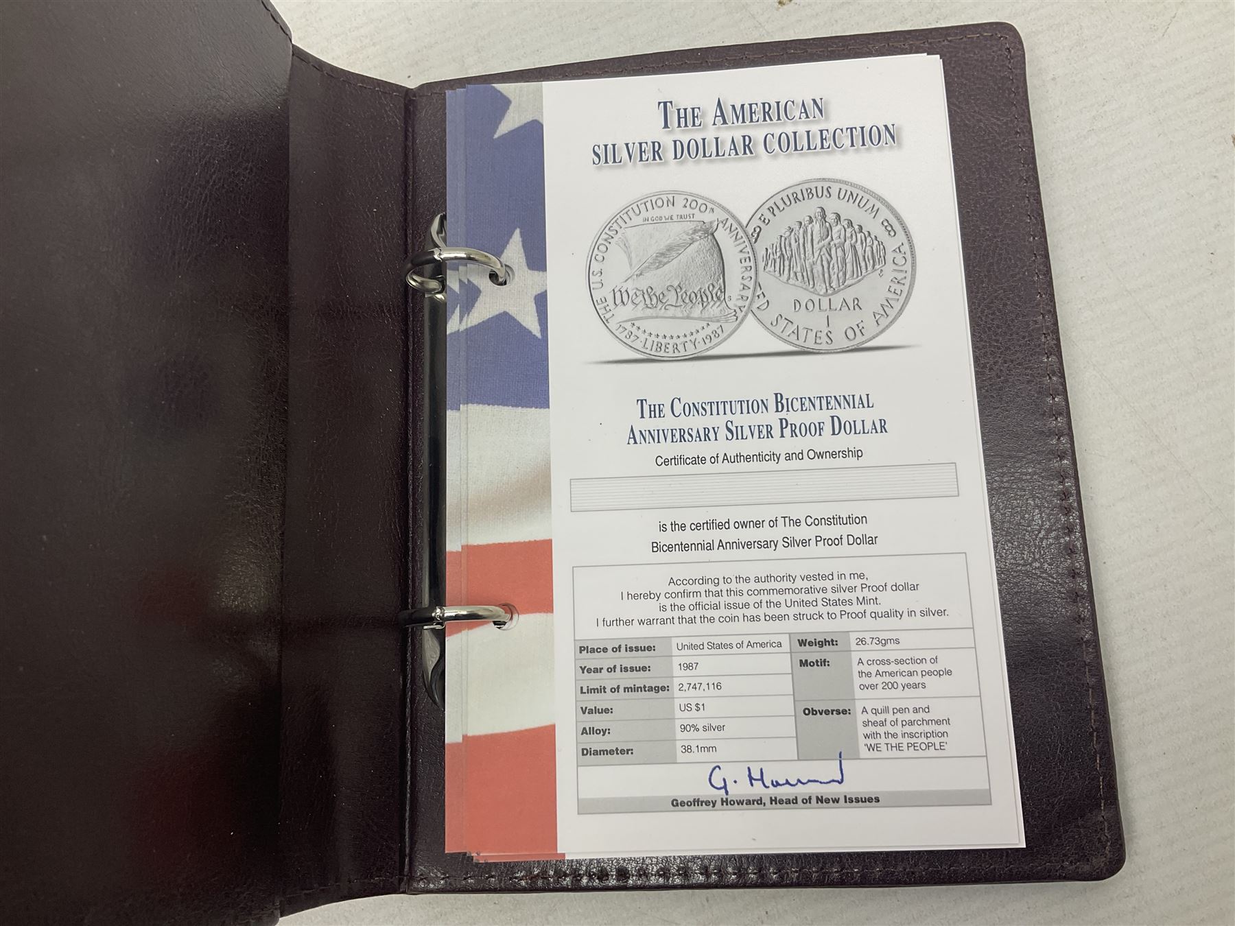 Five United States of America commemorative silver proof coins, comprising 1986, 1987, 1989, 1992 one dollars and 1982 half dollar, all with certificates