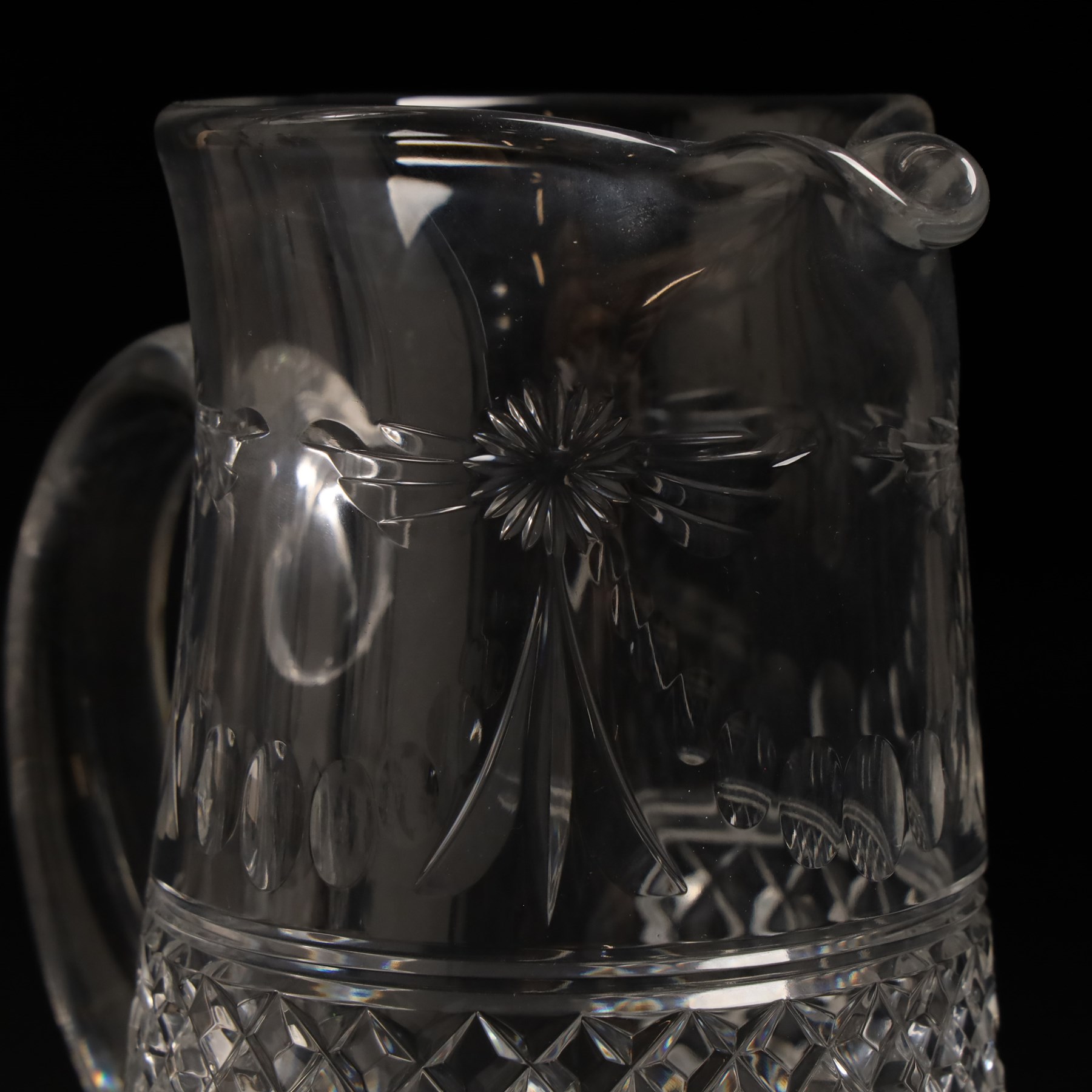 Stuart crystal Beaconsfield pattern claret jug with silver plated cover, matching water jug and pair of candlesticks