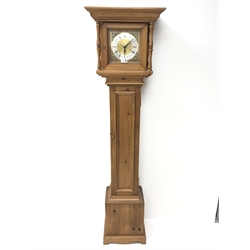  Polished pine cottage longcase clock with square brass dial, twin train movement ting tang chiming the half hours on rods, H172cm  