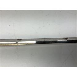 Replica knight's longsword, the 91.5cm double-edged steel blade with basket hilt and wire-bound bone grip with spherical pommel, in leather scabbard L112cm overall