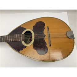 Italian bouzouki type long necked mandolin with segmented lute back and spruce top with tortoiseshell style panels; bears label 'Miroglio & Figli Sicilia Catania Italia' L99cm; and Italian lute back mandolin with segmented back and spruce top bearing label for F. De Mureda Napoli (2)