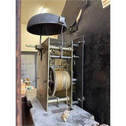 William Gostling of Diss  (Norfolk)-  Late 18th century 8-day oak longcase clock c1780-90, break arch top with scalloped cresting and three brass finials, glazed break arch hood door flanked by turned pilasters with brass capitals, trunk with a long trunk door and rounded top on a square plinth with an applied and shaped skirting, early painted Wilson of Birmingham dial with Roman numerals and five minute Arabic's, matching steel hands and second pointer, arched square ended calendar aperture with date disc behind, floral spandrels within gesso borders and a painted rocking automaton representing Mercury to the break arch, dial pinned via a false plate to a weight driven rack striking movement with a recoil anchor escapement, striking the hours on a cast bell. With pendulum weights and key. 
William Gostling (II) is recorded as working in Diss from 1774 to 1797, succeeded by widow Anne and son George . The dial of this clock is illustrated and discussed in detail in M.F. Tennants book 