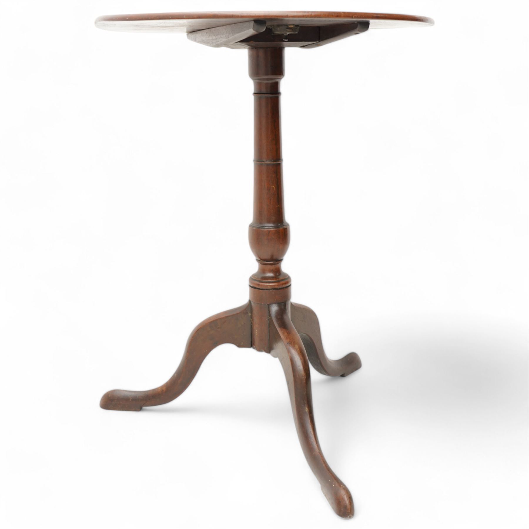 George III mahogany tripod, circular tilt-top on ring turned baluster pedestal, three out-splayed supports 