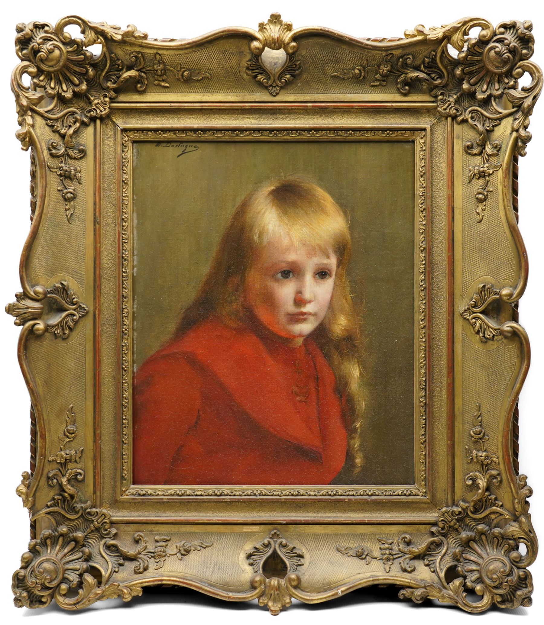 Maxime Dastugue (French 1851-1909): Portrait of a Blonde Girl in a Red Coat, oil on canvas signed 45cm x 37cm