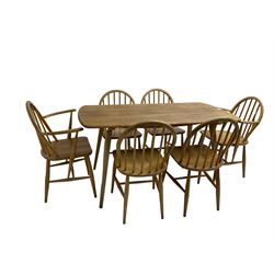 Lucian Ercolani for Ercol - Model 382 light elm and beech dining table, rectangular plank top raised on tapering supports, with set of six (4+2) light elm hoop and spindle back chairs