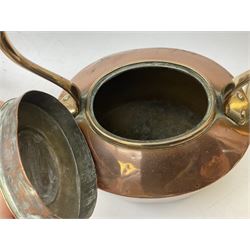 Victorian copper circular shallow pan with brass handle, with impressed oval stamp 'Benham & Sons Ltd, Wigmore St, London', together with brass jam pan with iron handle, copper kettle, Simplex No.9 copper washing dolly and another similar smaller, together with other brassware