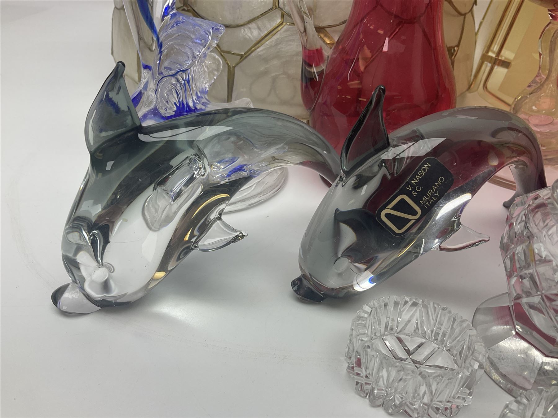Pair of V Nason & Co murano glass dolphins together with to other glass figures and cranberry glass and lampshades  