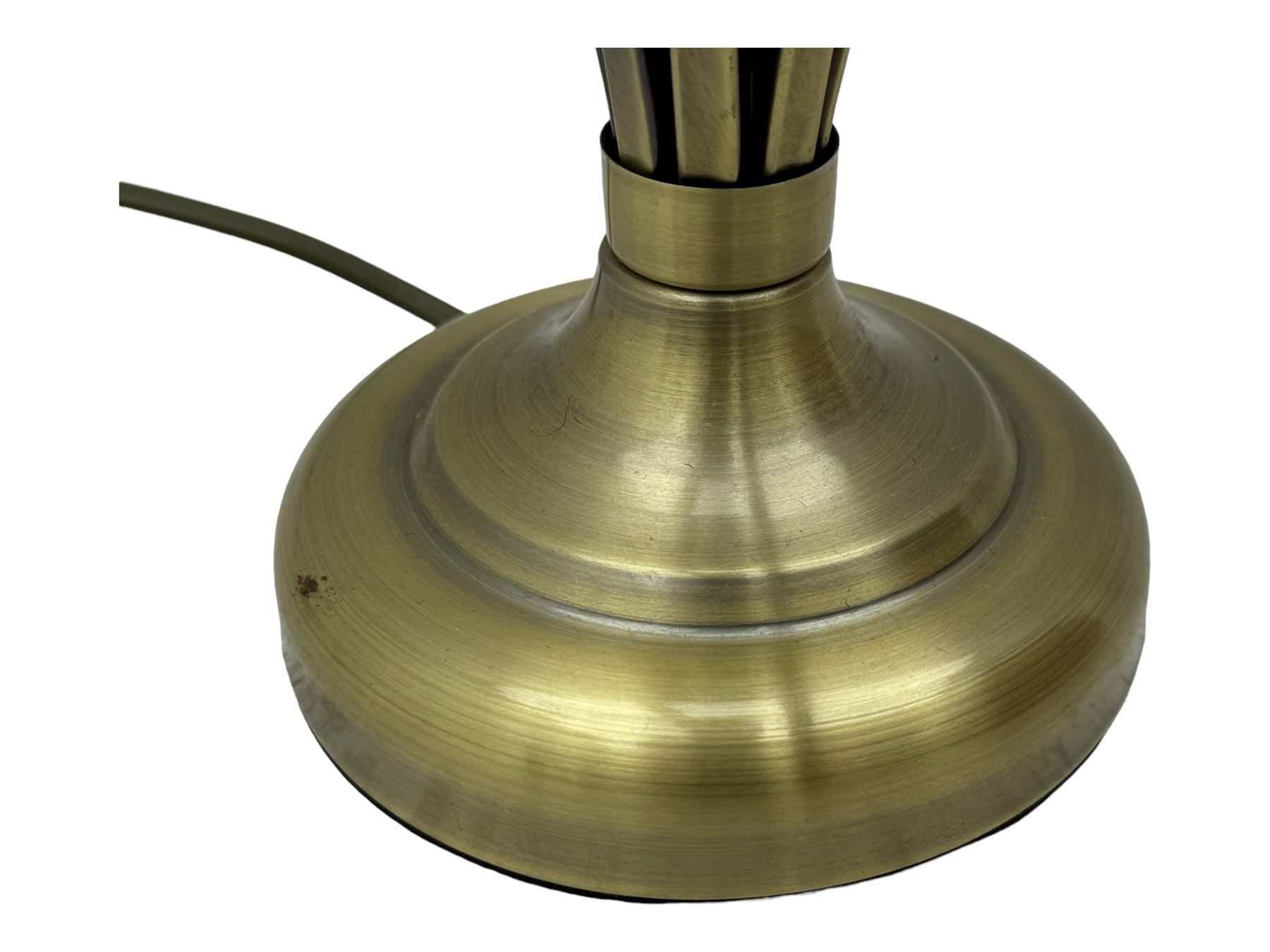 Contemporary brushed metal standard lamp, brass effect with cylindrical stem, on circular base, H131cm; matching table lamp, H35cm (2)