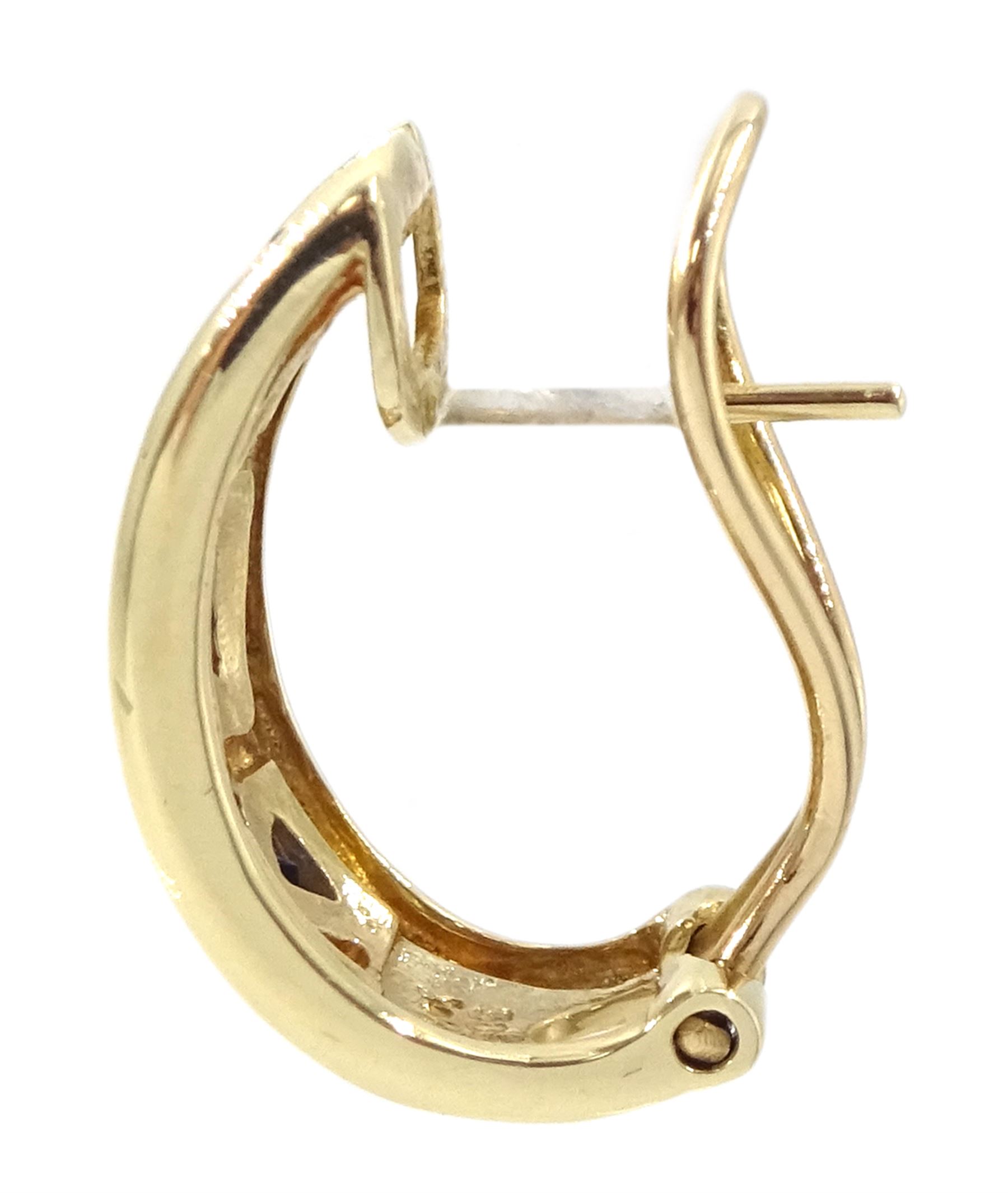 Pair of 14ct gold emerald, ruby, sapphire and diamond half hoop earrings, in satin gold finish by by Colombian Emeralds International, boxed with certificate 