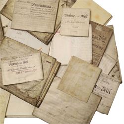 York interest - collection of 18th and 19th century vellum indentures, wills, probate documents and related papers concerning central York properties, streets and residents, including Micklegate, The Shambles, Bootham, Fishergate, Walmgate, Monkgate and Goodramgate, with probate of John Ealand, formerly of The Shambles, York, butcher, later of Swan Street, Nunnery Lane, probate of Roger Iddison of No.8 Portland Street, York, auctioneer, probate of Eliza Nottingham of Bootham Asylum, formerly of St Paul’s Square, together with documents relating to butchers, farmers, tradespeople and York families, many retaining original seals and stamps, in one box