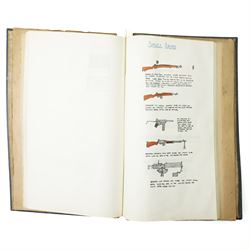 Folder containing a comprehensive collection of watercolours of WWII military emblems including U.S.Army Insignia, British Chevrons, Division Insignia, U.S. Army Divisions, Medals, Weapons etc with typed information, approximately sixty five pages with many illustrations  probably late 1940s/ early 1950s 