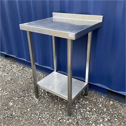 Stainless steel two tier preparation table, small raised back - THIS LOT IS TO BE COLLECTED BY APPOINTMENT FROM DUGGLEBY STORAGE, GREAT HILL, EASTFIELD, SCARBOROUGH, YO11 3TX