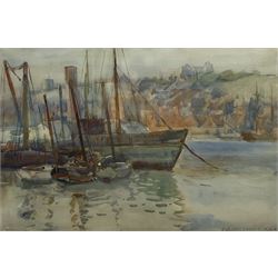 Joseph Richard Bagshawe (Staithes Group 1870-1909): Paddle Steamer and Fishing Boats moored in Whitby Harbour, watercolour signed 34cm x 51cm