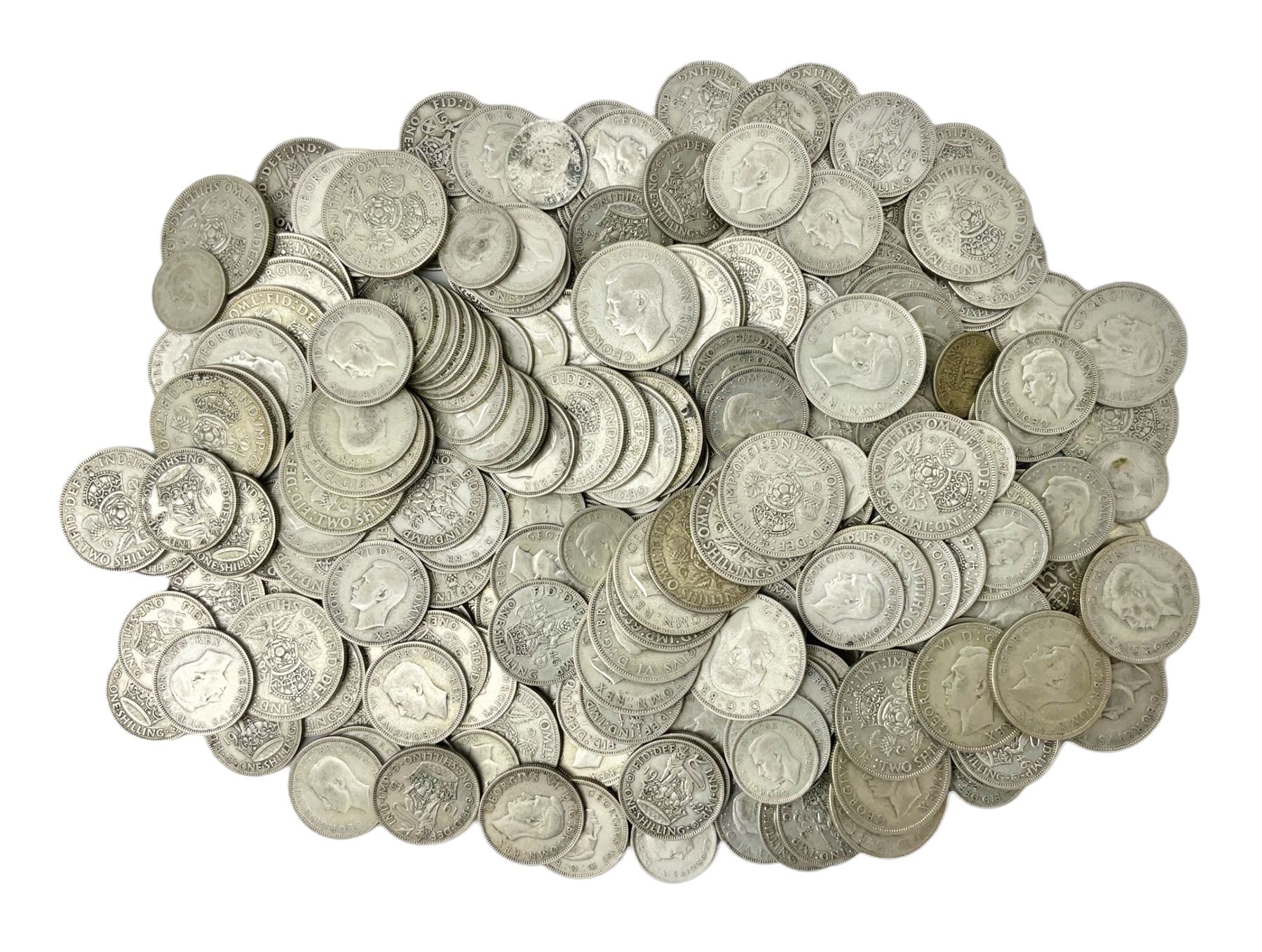 Approximately 1460 grams of pre 1947 Great British silver coins, including sixpences, shillings and two shillings 