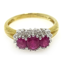 9ct gold three stone ruby and diamond cluster ring hallmarked  
