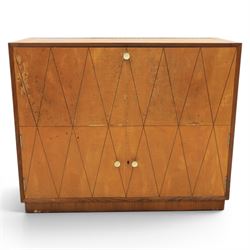 Teak mid 20th century fall front cabinet, hinged top with geometric inlay front, above twin cabinet doors