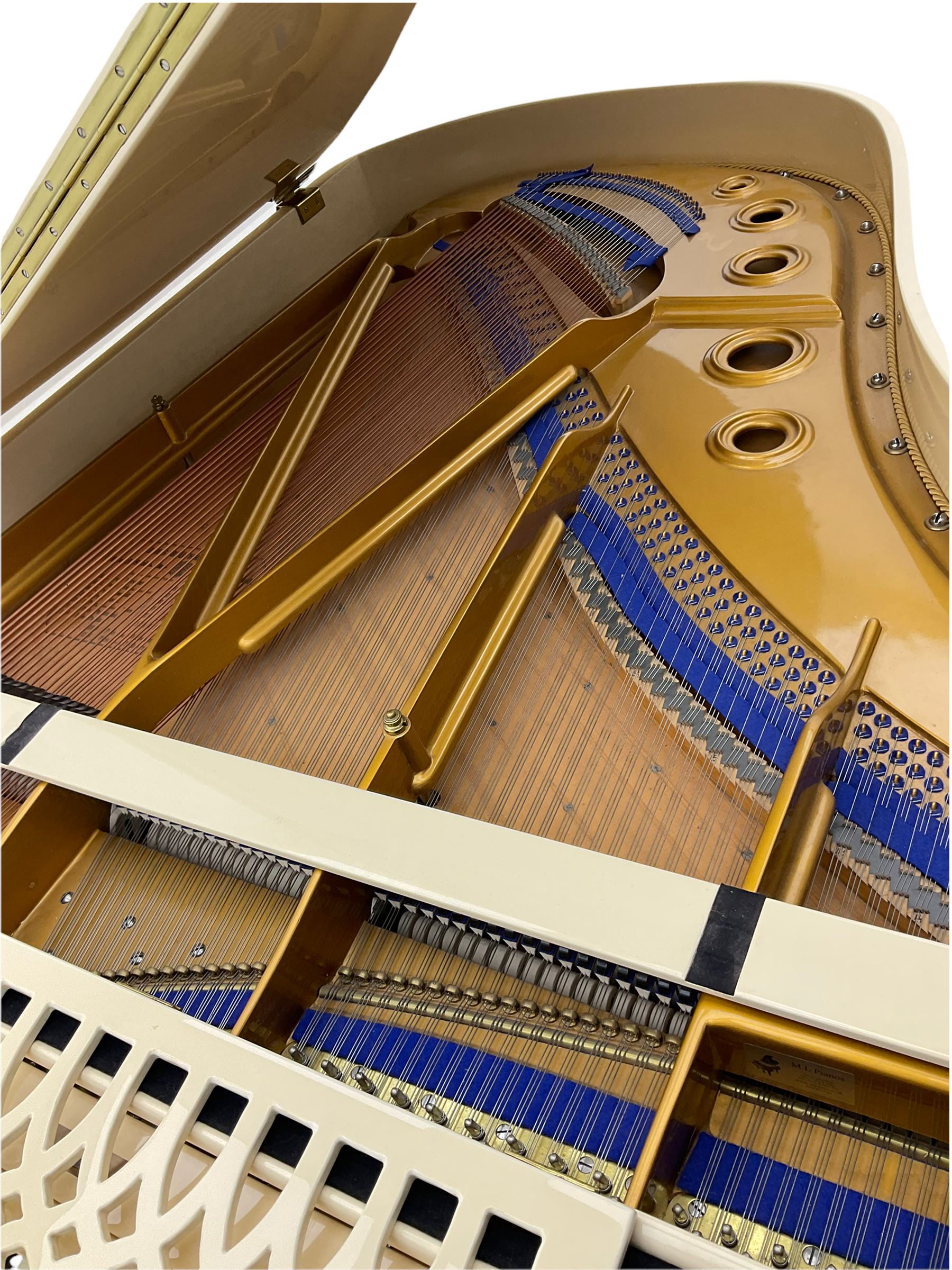 Julius Bluthner of Leipzig, Germany - Boudoir Grand Piano in cream lacquered finish with an open lattice music desk, original patent Bluthner action, recently restored and re-strung with new tuning pins, hammer heads and damper felts, re-sprayed iron frame  and re-furbished wooden soundboard with manufacturers decal and traditional 