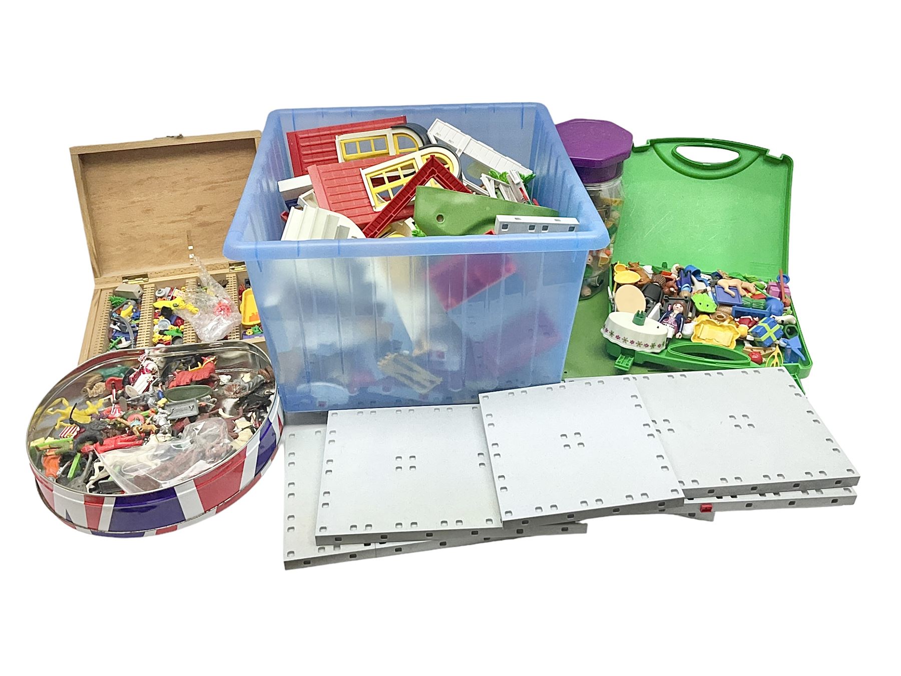Quantity of loose Playmobil figures, playset parts and accessories, with small amount of Britains Ltd figures etc, in two boxes 