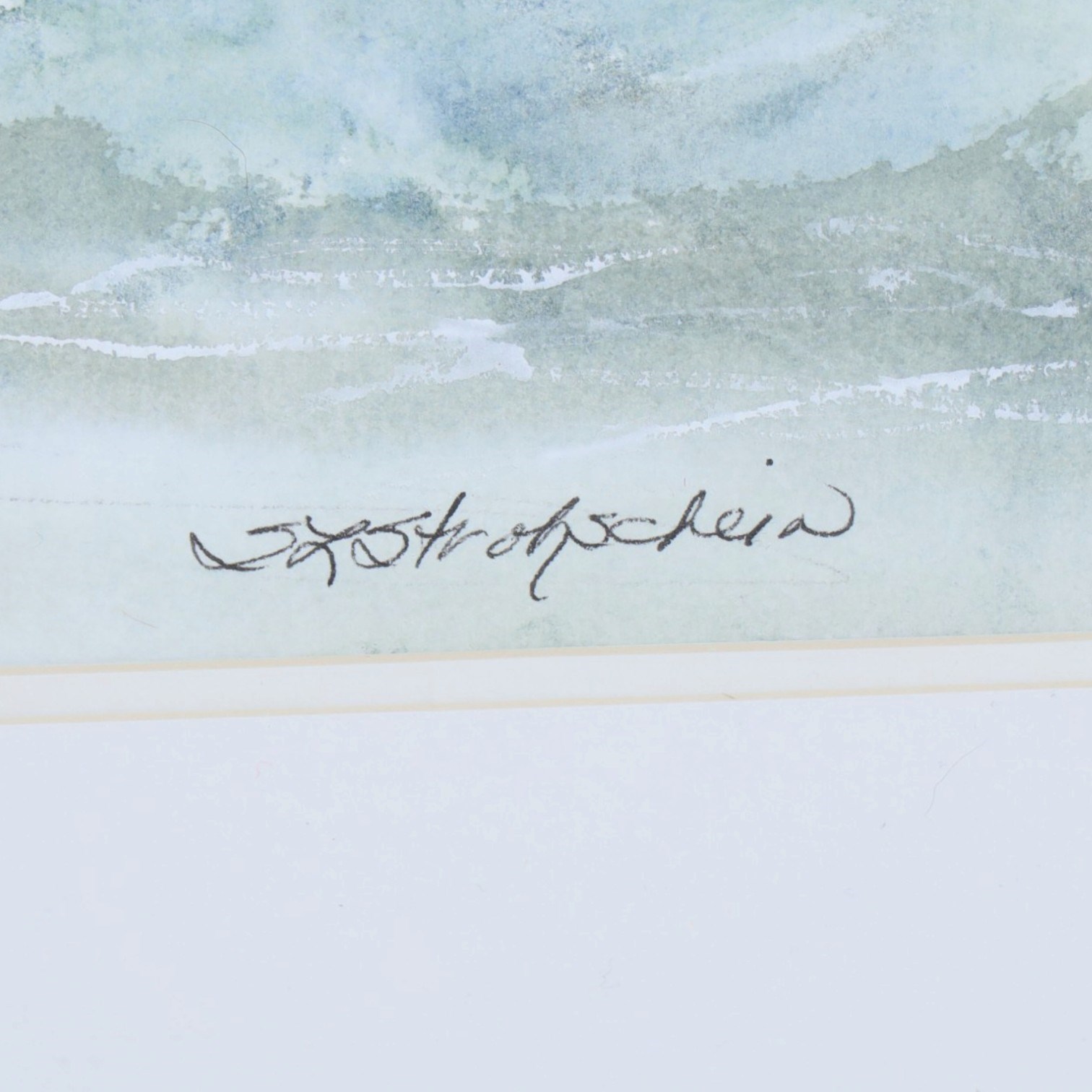 Sandra L Strohschein (American Contemporary): Lively Seascape, watercolour signed 22.5cm x 48cm; Michael McEvoy (British Contemporary): 'Tea for Two' and 'Two's Company', set of four miniature oils on canvas, signed and titled on label verso, with easels 7cm x 7cm (5) (four unframed)