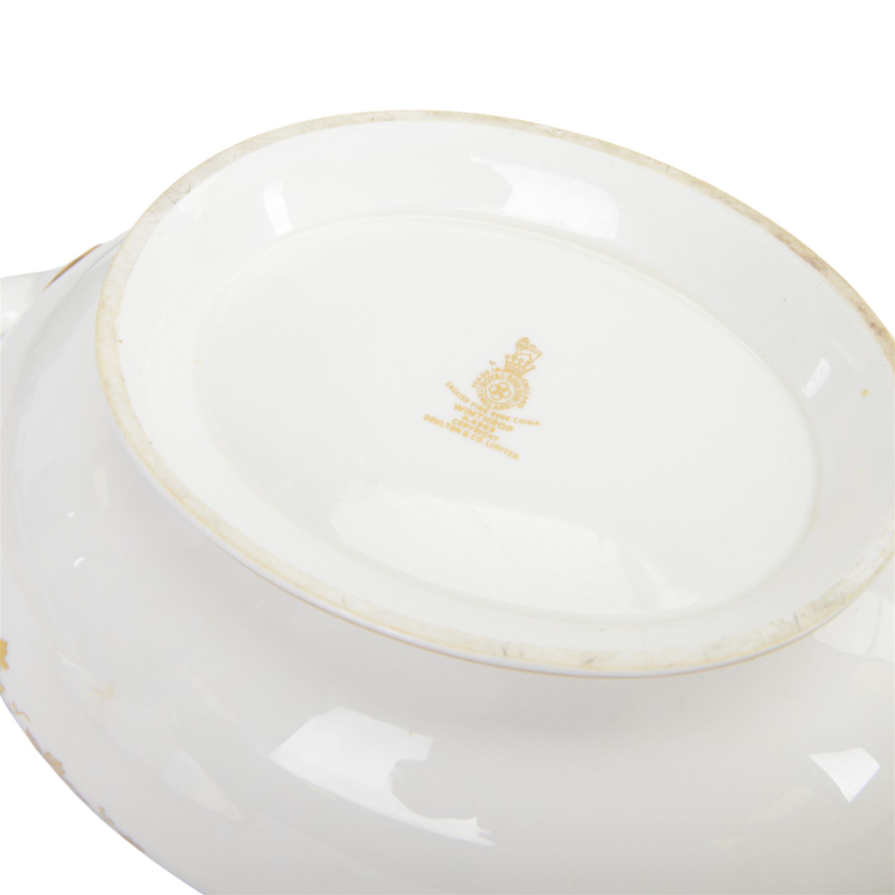 Royal Doulton Winthrop dinner service for eight, including dinner plates, side plates, twin handled bowls and saucers, two covered dishes, two sauceboats and saucers etc 