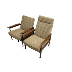 Guy Rogers - pair mid-century 'Manhattan' teak framed open armchairs, upholstered seat and back on turned supports
