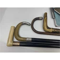 Tapestry fire screen, together with walking sticks, barometer, brass charger etc 