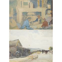 H Rutherford (British 19th/20th Century): Figures and Horses Walking Past a Barn and Engli...