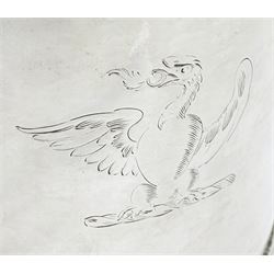 Queen Anne silver tankard, of plain tapering cylindrical form, with stepped and flat-domed cover, twit cast thumbpiece and curved handle, the body engraved with eagle crest, hallmarked Abraham Barachin, Hull, circa 1706, the body and cover stamped once with makers mark and twice with town mark, H18cm, approximate weight 21.46 ozt (667.7 grams)
