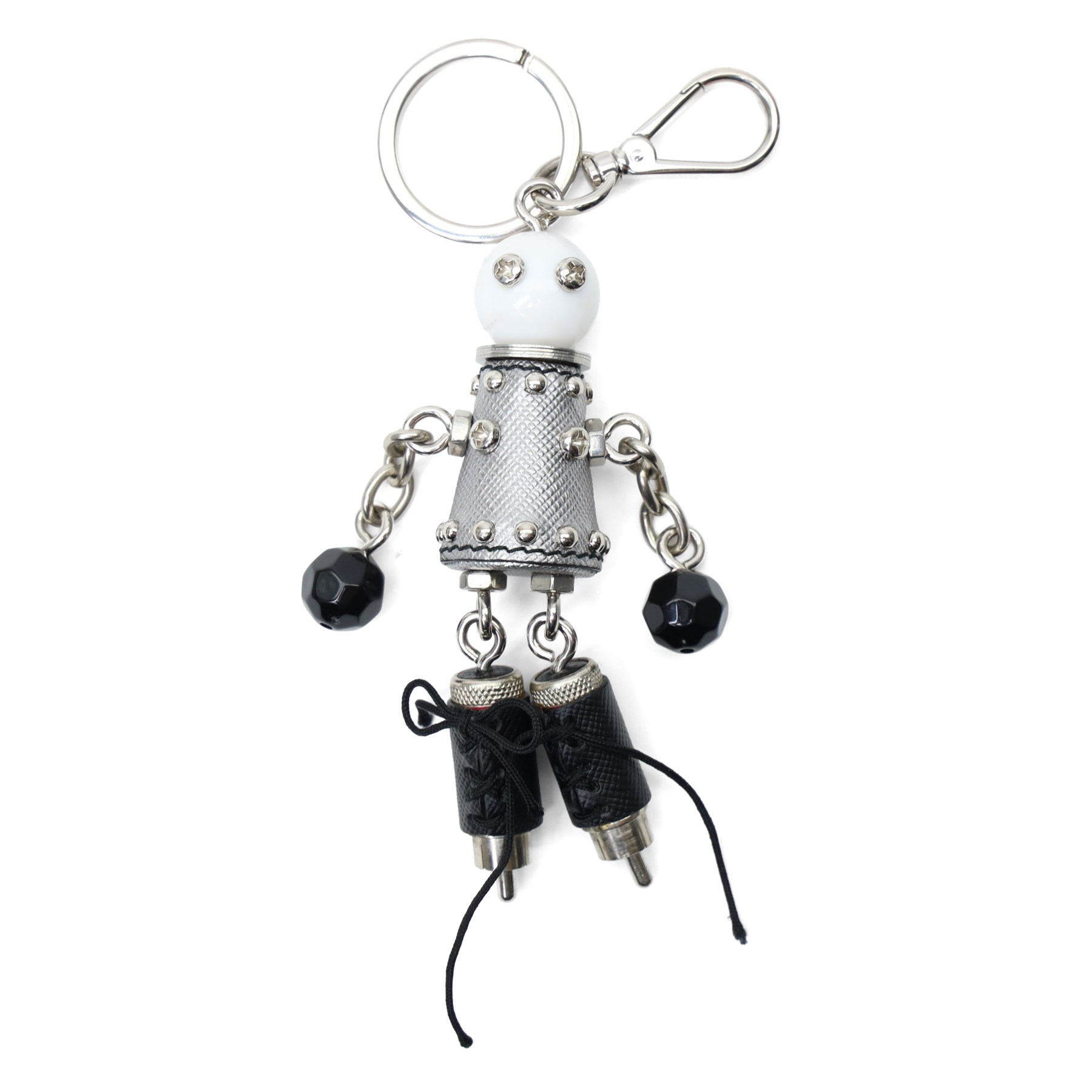 Prada - ‘Robot’ keyring and bag charm, in silver Saffiano leather and metal with studded detailing, articulated chain limbs and black bead hands, with split ring and lobster clasp, with original box