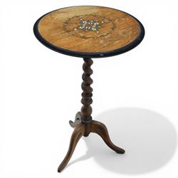 19th century brass inlaid wine table, on a barley twist column terminating in three cabriole supports