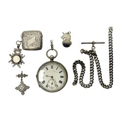  Edwardian silver open faced lever pocket watch, with subsidiary seconds dial, by WE Watts Nottingham, hallmarked William Ehrhardt, Birmingham 1906, together with a silver Albert chain, silver tiger's eye unicorn fob, and a silver vesta case with double sided fob, all hallmarked 