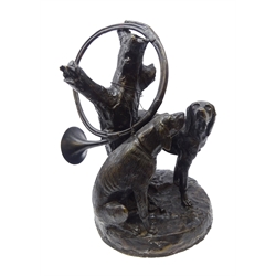  After Auguste Nicolas Cain (French, 1822-1894) large bronze figural group, modelled as two hunting dogs sitting by a tree stump, with hunting horn hanging above, inscribed H. Moreau, H55cm  