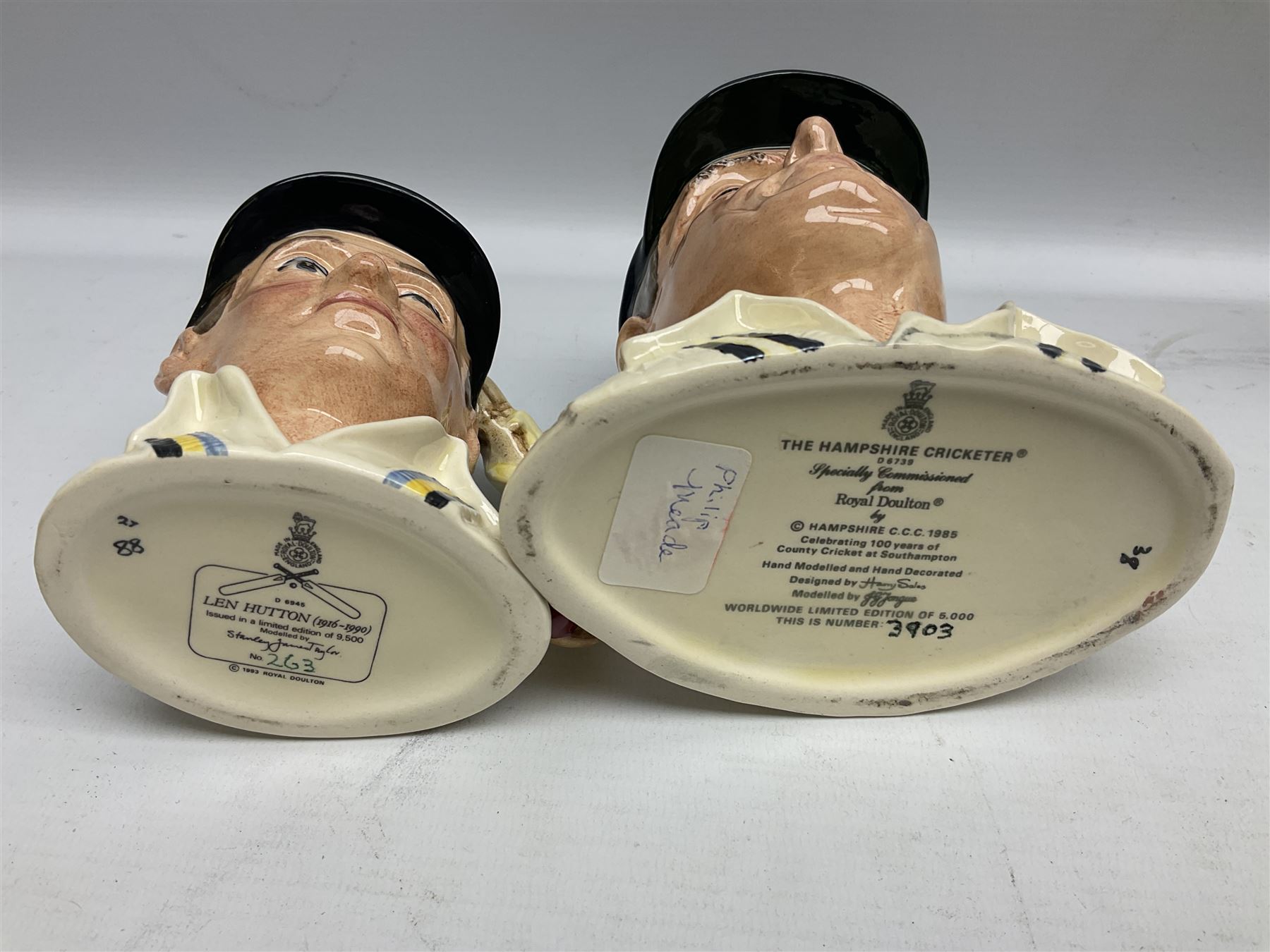 Royal Doulton limited edition figure of Geoffrey Boycott O.B.E, HN3890, no 253/8114, together with four Royal Doulton limited edition character jugs of cricket interest, comprising The Hampshire Cricketer D 6739, no 3903/5000, Freddie Trueman O.B.E, D 7090, no 502/9500, Brian Johnners Johnston, D 7018, no 1281/9500 and Len Hutton D 6945 no 263/9500, four with certificates, one with box
