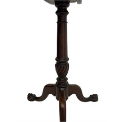 George III design mahogany tripod table, shaped piecrust tilt-top, on turned and twist carved pedestal, on three splayed supports with ball and claw carved feet