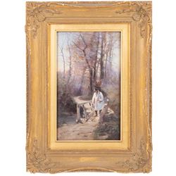 Hugh Berry Scott (British 1854-1940): Old Man Gathering Sticks, oil on panel signed 20cm x 12cm 