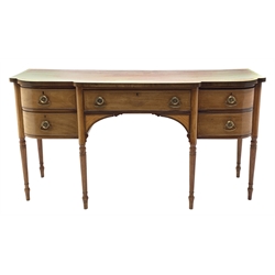 George III mahogany and satinwood banded sideboard, four small drawers and one long center drawer above inlaid brackets, turned and reeded supports, W189cm, H97cm, D73cm