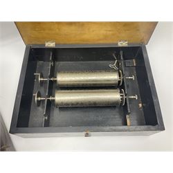 Swiss - 19th-century cylinder music box with three butterfly bells in sight, in a mahogany case with two separately boxed  6” cylinders, glazed viewing lid, 41 tooth comb (one tooth broken) crank key missing, movement untested.