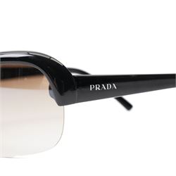Prada - half-rim shield-style sunglasses in black acetate, with graduated smoke lenses and silver-tone PRADA lettering to the temples, in original hard case