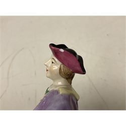 Seven Spode Chelsea figures, comprising no.1, no.2, no.3, no.4, no.6 and two further smaller examples, together with a Dresden figure of a gentleman, no. K10003, and a Delft style figure of a boy, some with boxes, tallest H23cm (9)