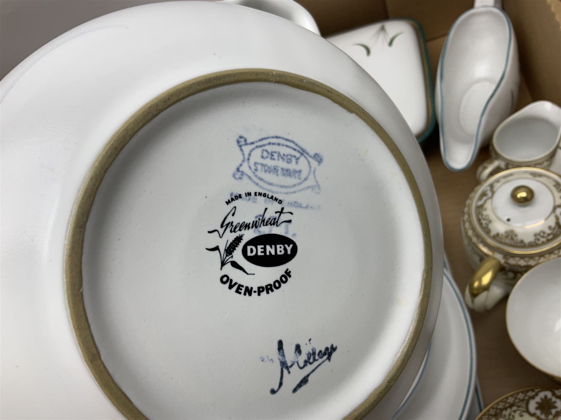 Denby Greenwheat pattern dinner wares, together with Royal Doulton Tumbling Leaves pattern tea and dinner wares, Royal commemorative ceramics including Wedgwood Jasperware table lighter, pair of Victorian glass hand painted vases, large blue and white urn with lid, Noritake part tea set, Staffordshire style dog and other ceramics and collectables, in boxes