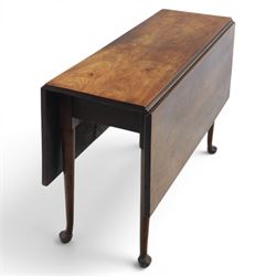 18th century solid walnut drop leaf table, with gate legs terminating in pad feet