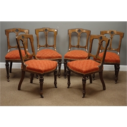  19th century set six pollard oak dining chairs, carved and ebonised detail, turned and fluted supports with ceramic castors, upholstered seats   