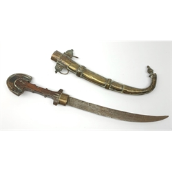 Indian jambiya type knife, 24cm single edged curved steel blade, shaped hardwood grip with scratch carved detail and brass capped pommel, in brass and copper scabbard L41cm