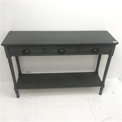 21st century painted console table, three drawers, turned supports joined by solid tier, W120cm, H82cm, D35cm