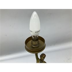 Art Deco spelter table lamp, modelled as a dancing girl in period dress holding aloft a frosted crackle glass globe, on a stepped cylindrical base, H52cm