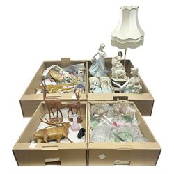 Mediflor figure, modelled as a young girl with a swan, together with another similar figure, figural table lamp, cut glass decanters, other ceramics and collectables, in four boxes