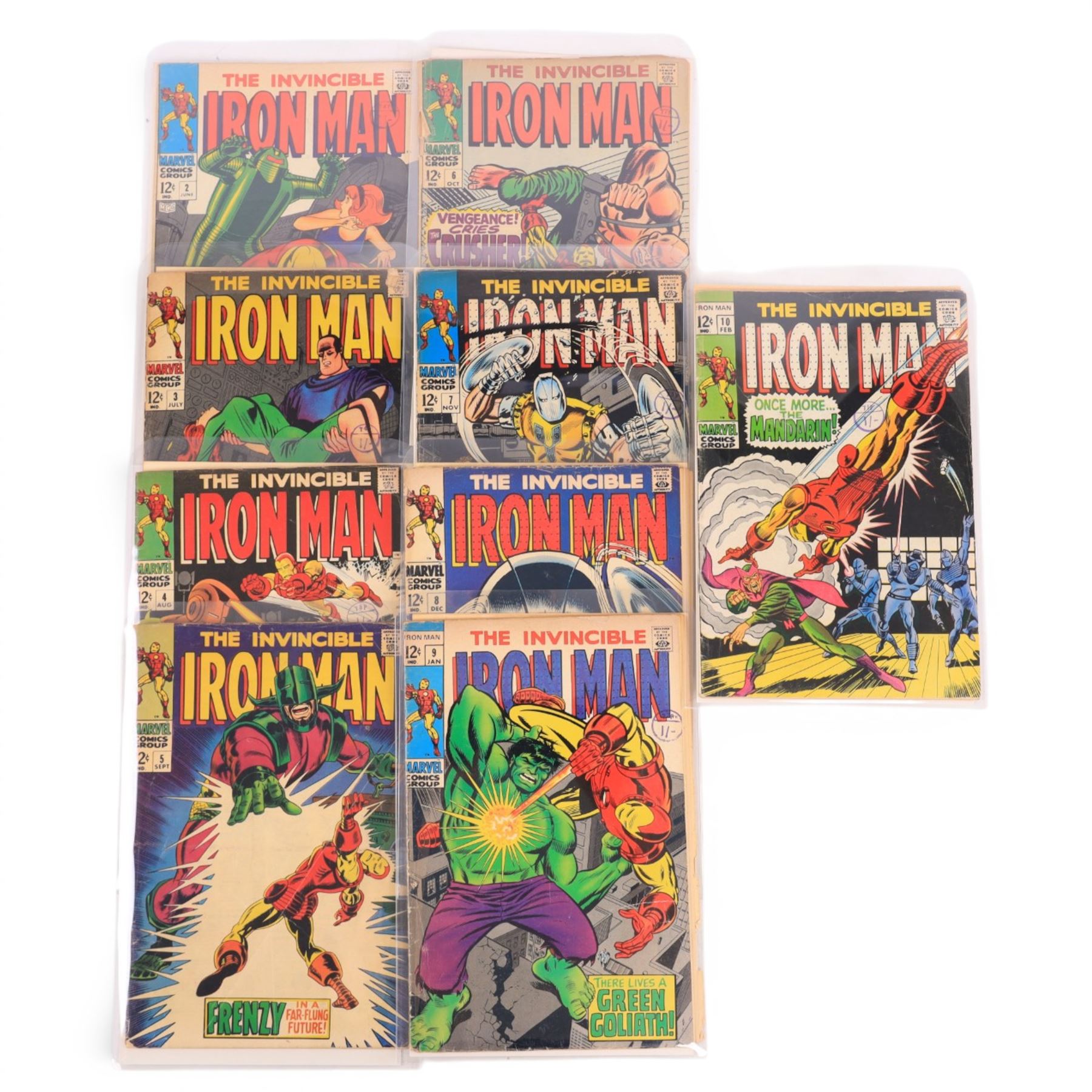 Nine Marvel Silver Age 'The Invincible Iron Man' comic books, spanning years 1968-1969, comprising issues #2-#10