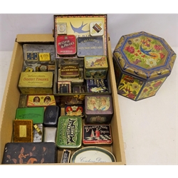  Collection of 19th century and later needle cases, tins and other advertising ephemera including small Huntley & Palmers biscuit tin, Victorian Papier Mache tobacco box, Wavery & Son  The Quadruple Golden Casket needle case, Rowntree 1902 Coronation Souvenir chocolate tin, Macfarlane Lang & co tape measure and other similar items in one box   