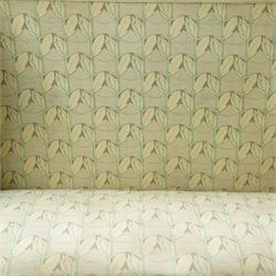 James Shoolbred & Co. (1814-1934) - Arts & Crafts high-back oak settle or hall-bench, the projecting cresting rail over a frieze decorated with stylised poppy pewter inlays, the drop-in sprung seat beneath high back and arms, flanked by tapering uprights terminating to shaped stile feet, upholstered in Archibald Knox patterned fabric with the original tapestry and horsehair upholstery beneath, applied plaque by James Shoolbred to underside, with stamped serial number W1573, circa 1890