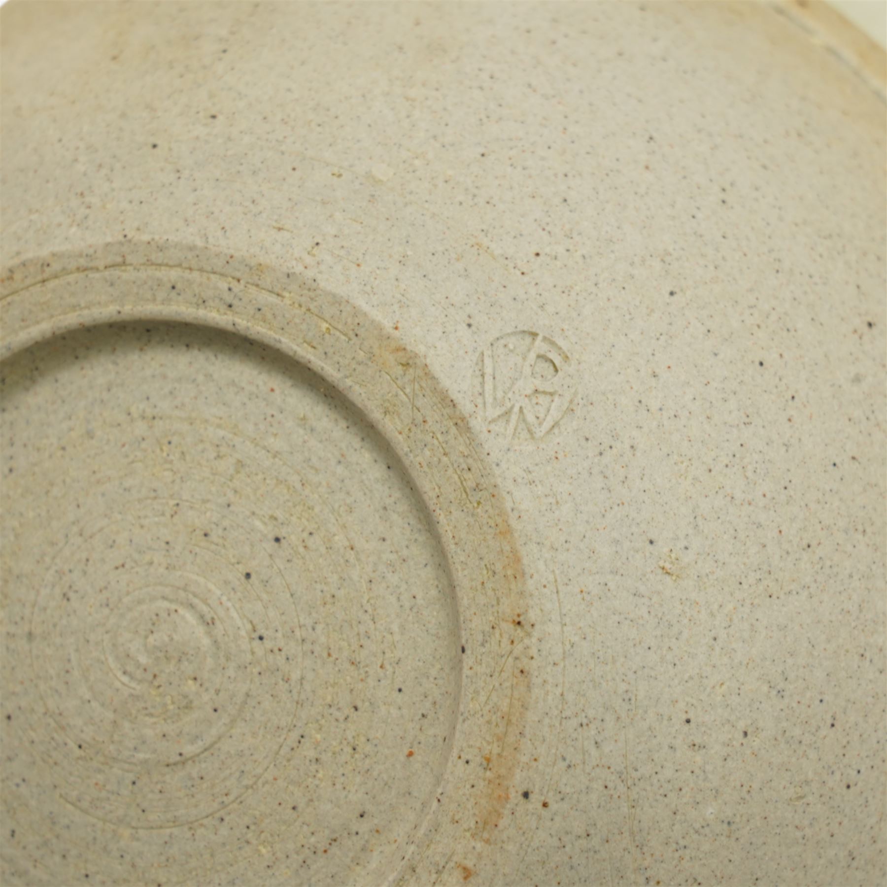 Set of seven Winchcombe studio pottery soup bowls, with impressed marks to bases, D17cm including handles